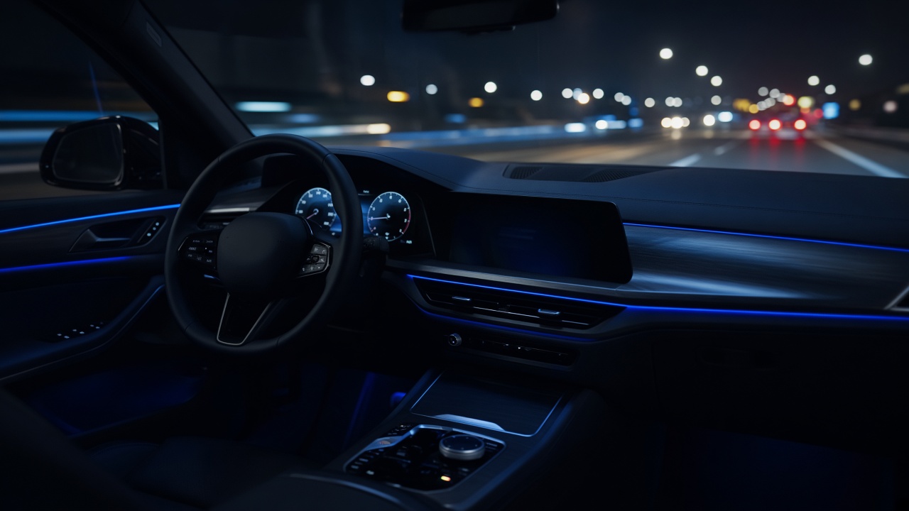 Modern car cabin at night with highway lights ahead