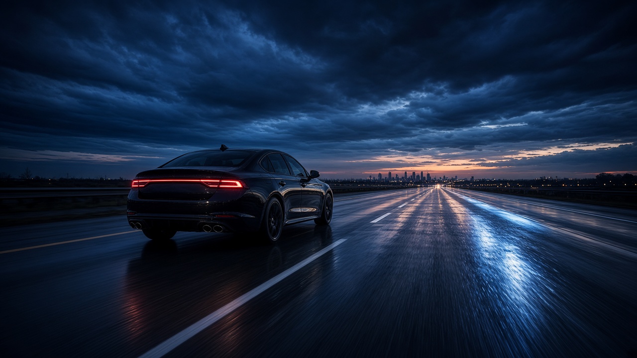 American highway at dusk with a modern car heading into the distance